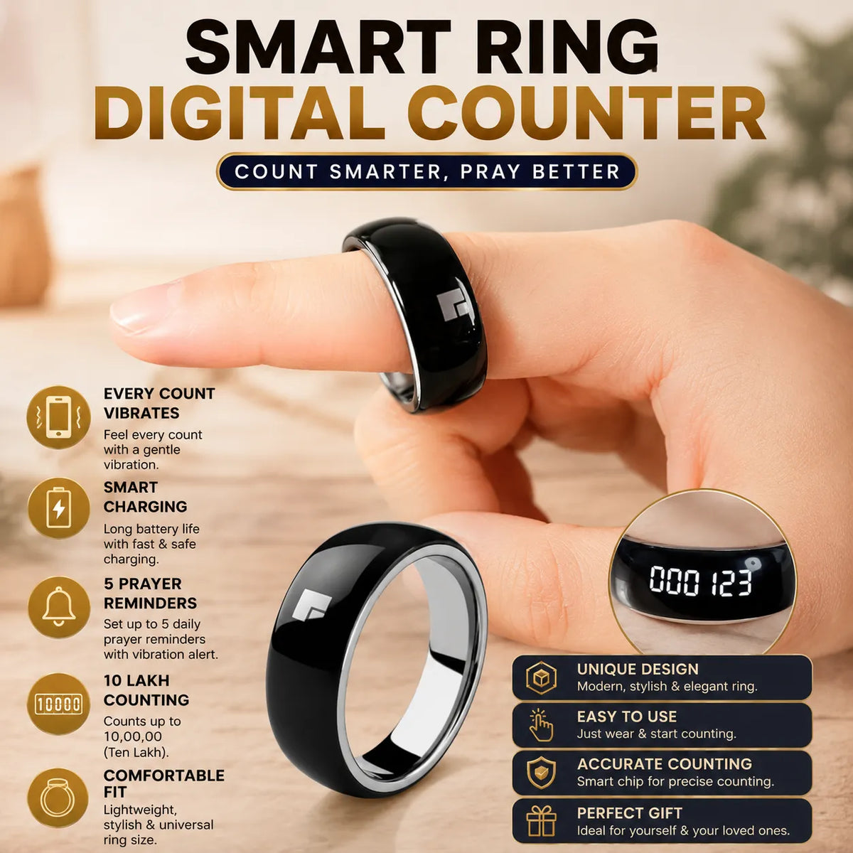 Equantu QB708 Smart Tasbeeh Ring – Digital Zikr Counter